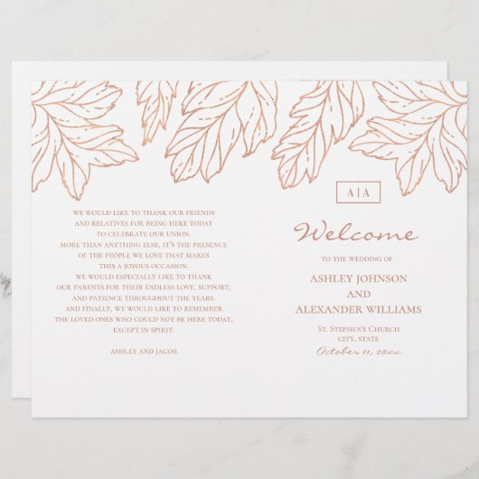 Élégant programme de mariage en or plié. Bleu (Devant / Derrière)