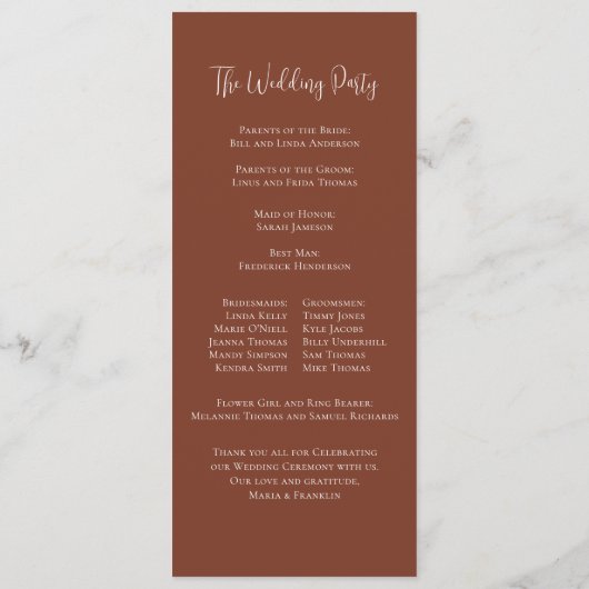 Élégant programme de mariage en terre cuite sur me (Dos)