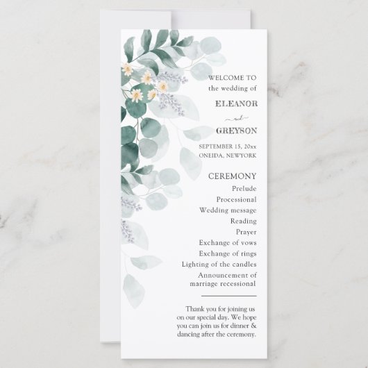Élégant programme de mariage eucalyptus aquarelle (Devant)