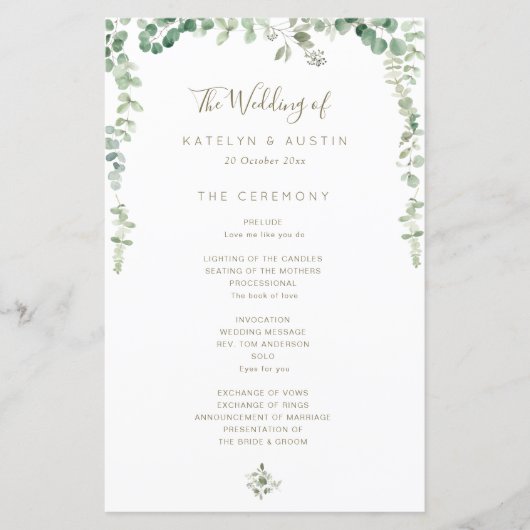 Élégant programme de mariage eucalyptus vert (Devant)