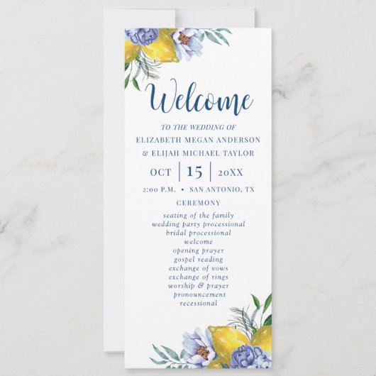 Élégant programme de mariage floral au citron (Devant)