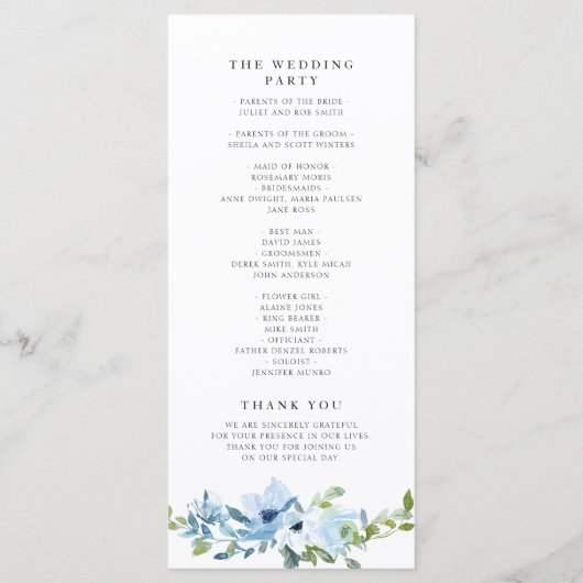 élégant programme de mariage floral bleu clair (Dos)