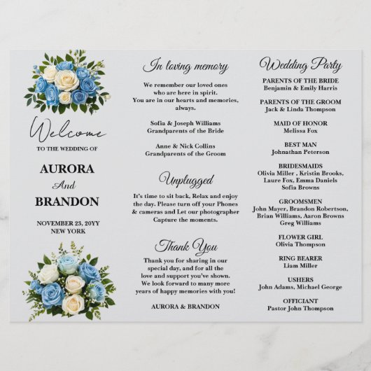 Élégant programme de mariage floral bleu et blanc (Devant)