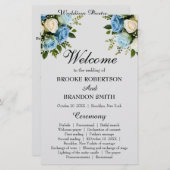 Élégant programme de mariage floral bleu et blanc (Devant / Derrière)