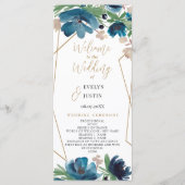 Elégant programme de mariage floral bleu or poussi (Devant)