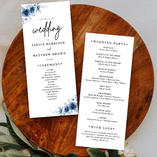 Élégant programme de mariage floral bleu vintage f
