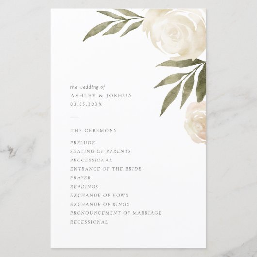 Élégant programme de mariage floral d'aquarelle bl (Devant)