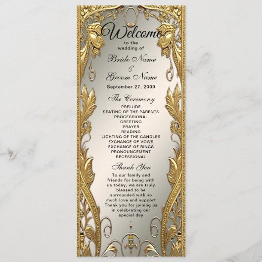 Élégant programme de mariage floral décoratif or (Devant)