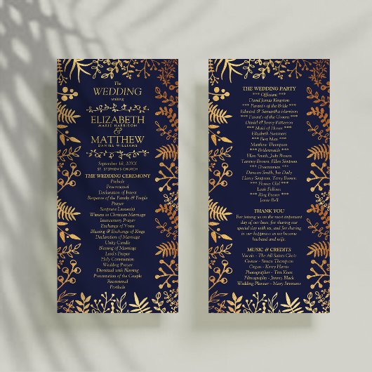 Élégant programme de mariage floral Marine & Or