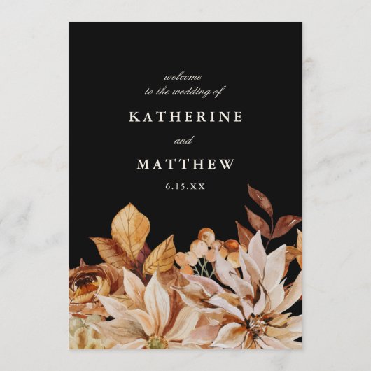 Élégant programme de mariage floral noir automne (Devant)