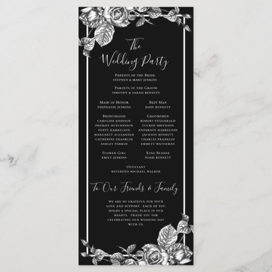 Élégant programme de mariage floral noir blanc (Dos)
