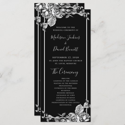 Élégant programme de mariage floral noir blanc (Devant / Derrière)