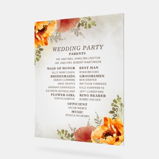 Élégant programme de mariage floral orange brûlé (Angle)