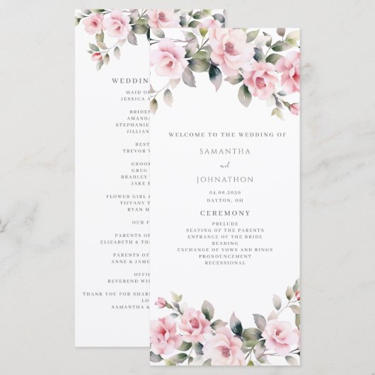 Élégant programme de mariage floral rose carte pla (Devant / Derrière)