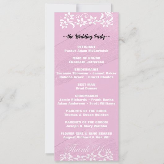 Élégant programme de mariage floral rose et blanc (Dos)