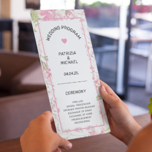 Élégant programme de mariage floral rose plat