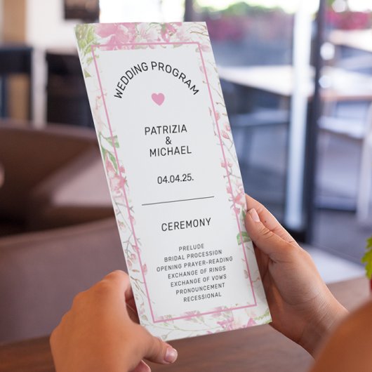 Élégant programme de mariage floral rose plat
