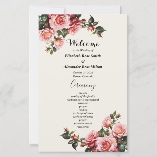 Élégant programme de mariage floral roses et roses (Devant)