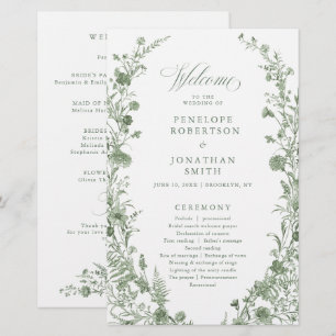 Élégant programme de mariage floral vintage vert s