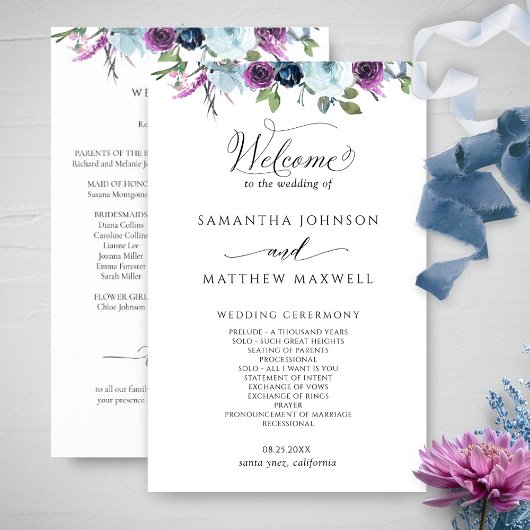 Élégant programme de mariage floral violet et bleu