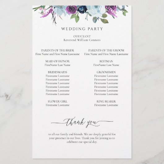 Élégant programme de mariage floral violet et bleu (Dos)