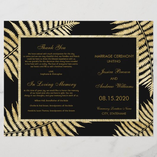 Élégant Programme de Mariage Fougère Feuille d'Or (Devant)