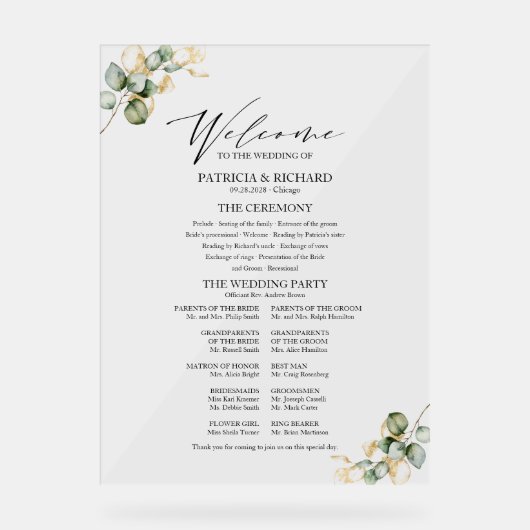 Élégant programme de mariage Gold Greenery (Recto)