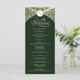 Élégant programme de mariage Green & Gold Monogram