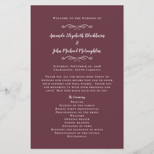 Élégant Programme de Mariage Moderne Bourgogne de (Devant)