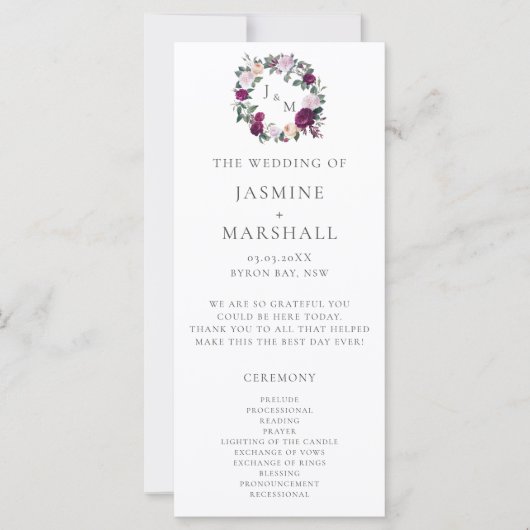 Élégant programme de mariage monogramme floral bor (Devant)