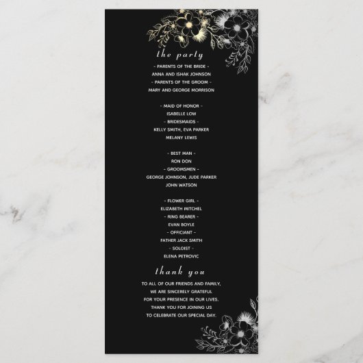 Élégant programme de mariage noir et or (Dos)