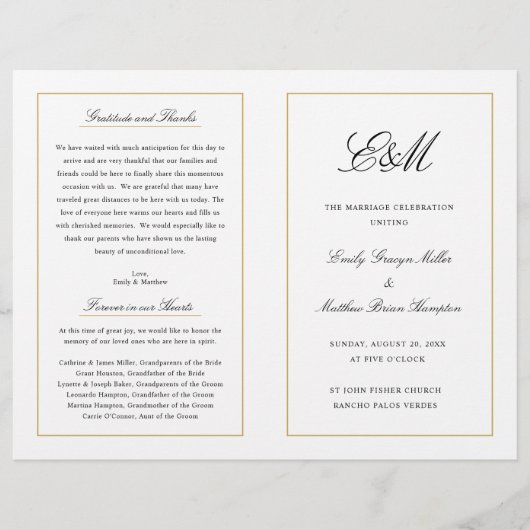 Élégant programme de mariage pliant Monogramme Or (Devant)