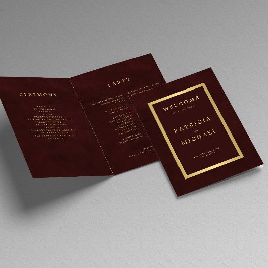 Élégant programme de mariage plié bordeaux or