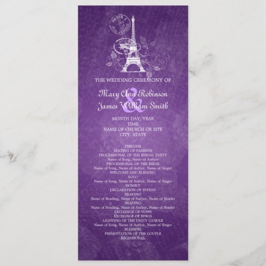 Élégant programme de mariage Romantique Paris viol (Devant)