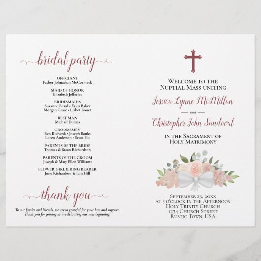 Élégant programme de mariage rose floral catholiqu (Devant)