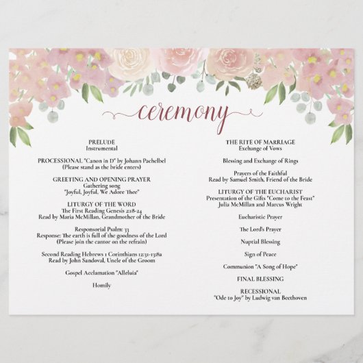 Élégant programme de mariage rose floral catholiqu (Dos)