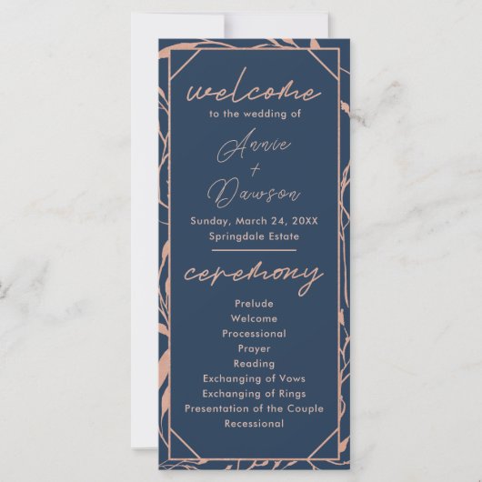 Élégant programme de mariage Rose Gold & Navy (Devant)