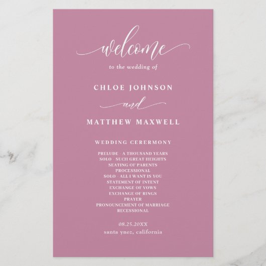 Élégant programme de mariage rose moderne (Devant)
