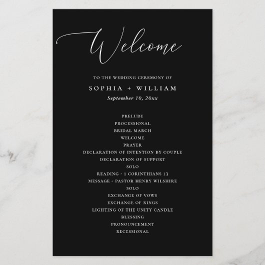 Élégant programme de mariage simple noir et blanc (Devant)