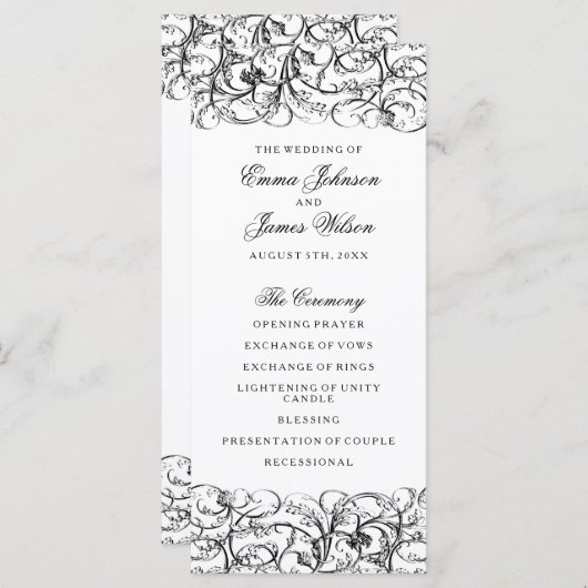 Élégant programme de mariage tourbillons noir et b (Devant / Derrière)