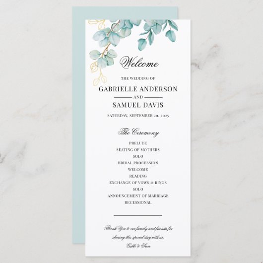 Élégant programme de mariage Turquoise et Gold Euc (Devant / Derrière)