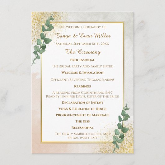 Élégant programme de mariage vert et or (Devant)