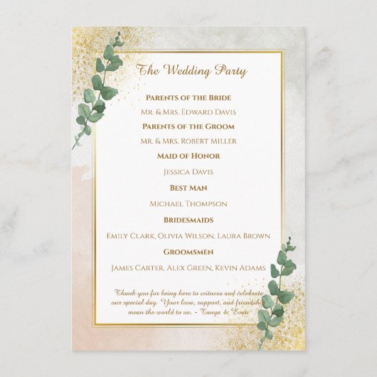 Élégant programme de mariage vert et or (Dos)