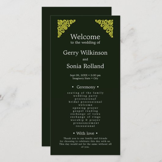 Élégant programme de mariage vert et or (Devant / Derrière)