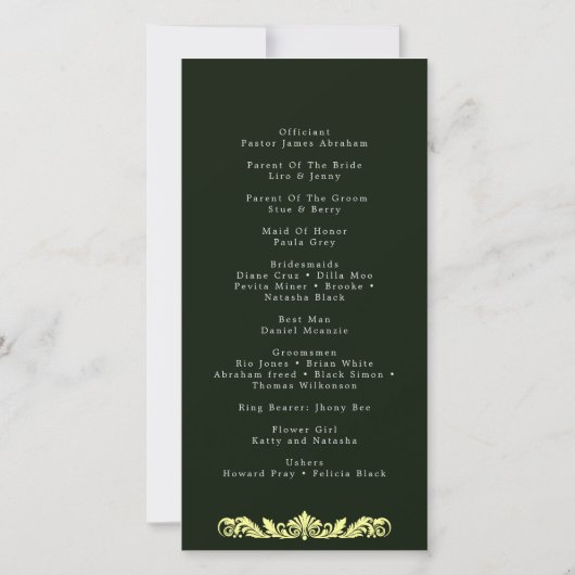 Élégant programme de mariage vert et or (Dos)