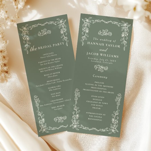 Élégant programme de mariage vert sauge victorien