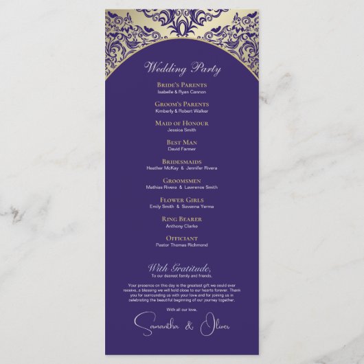 Élégant programme de mariage violet et or monogram (Dos)