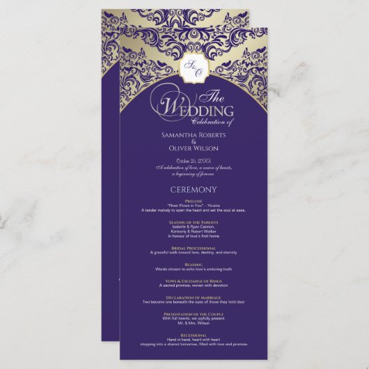 Élégant programme de mariage violet et or monogram (Devant / Derrière)