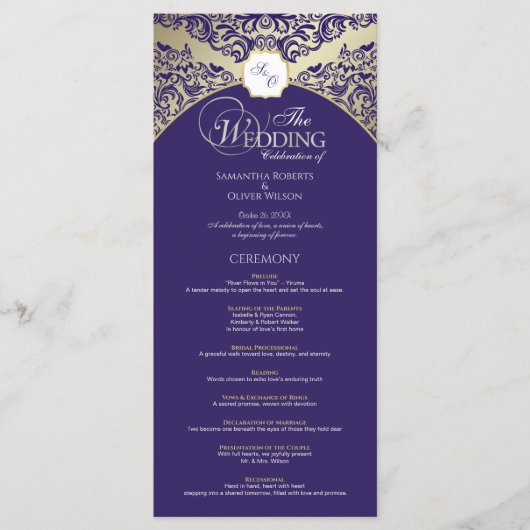 Élégant programme de mariage violet et or monogram (Devant)