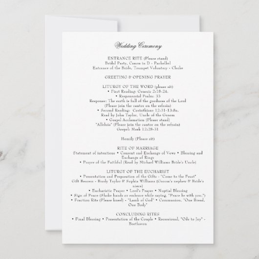 Élégant programme de masse Mariage catholique télé (Dos)
